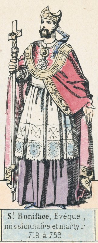 Św. Bonifacy, Biskup, Misjonarz i Męczennik, 719-735 (kolorowy grawerunek) autorstwa French School