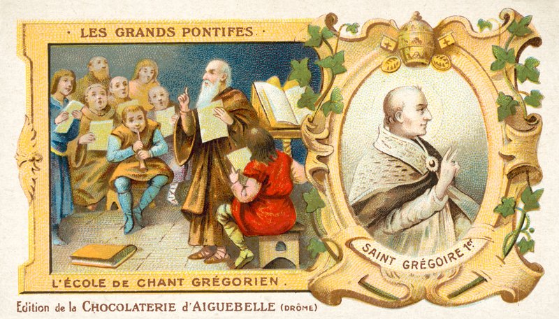 Grzegorza Wielkiego, oraz szkołę chorału gregoriańskiego (chromolitho) autorstwa French School