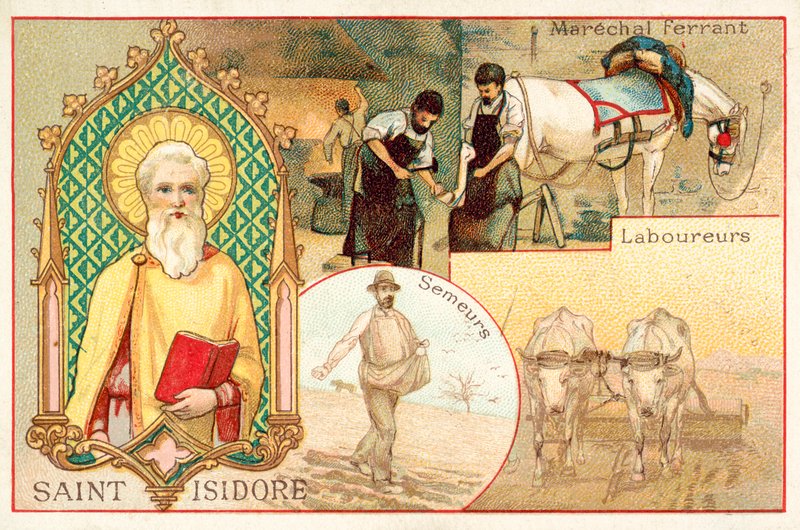 Św. Izydor, patron rolników i robotników dziennych (chromolitho) autorstwa French School