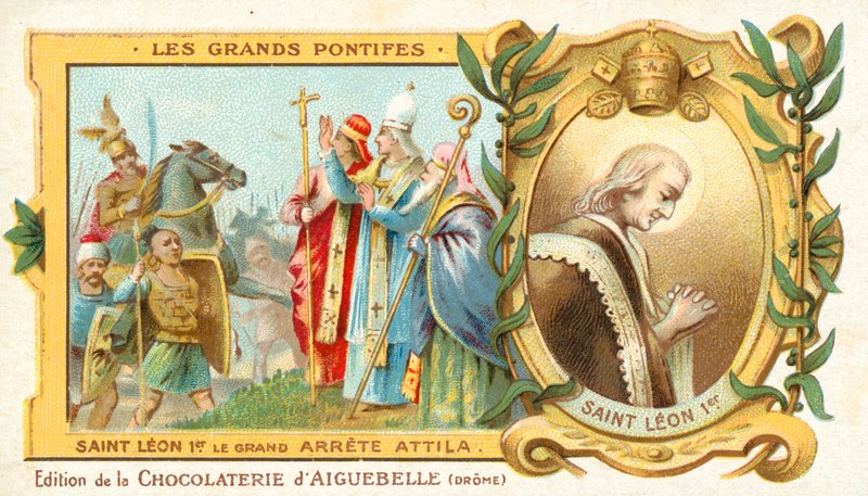 Św. Leon Wielki zatrzymuje podbój Włoch Attyli Hunów, 452 (chromolitho) autorstwa French School