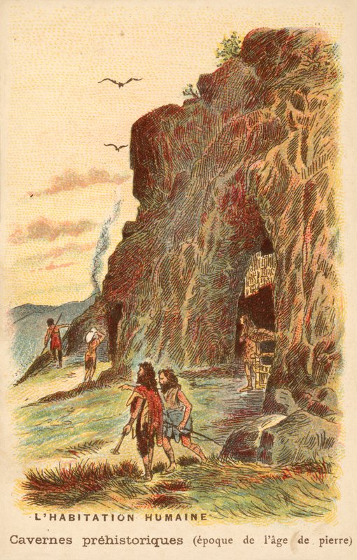 Mieszkańcy jaskini z epoki kamienia (chromolitho) autorstwa French School