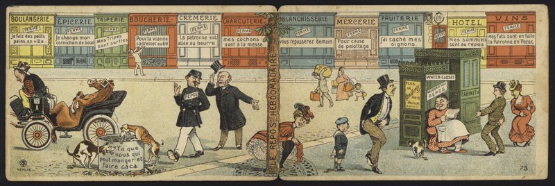 Scena uliczna z rzędem zamkniętych sklepów i zamkniętą toaletą publiczną autorstwa French School