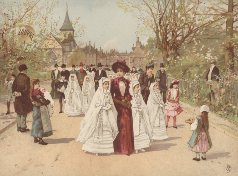 Scena uliczna z dziewczynami w sukniach bierzmowania autorstwa French School