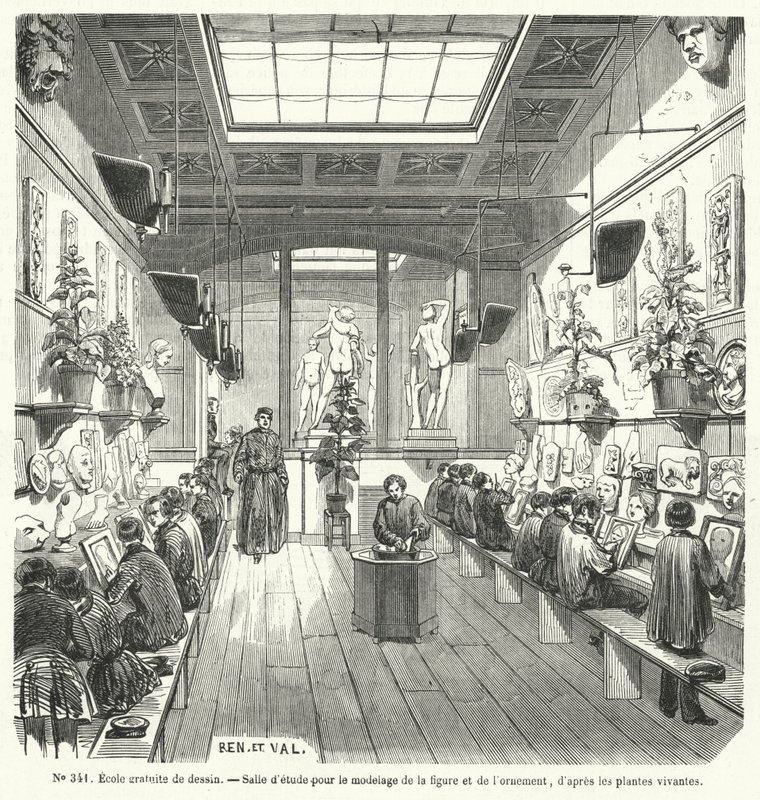 Uczniowie z klasy w bezpłatnej szkole rysunku, Francja (grafika) autorstwa French School