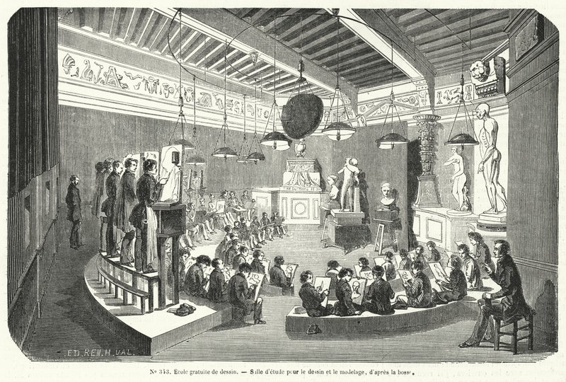 Uczniowie klasy w bezpłatnej szkole rysunku, Francja (grafika) autorstwa French School