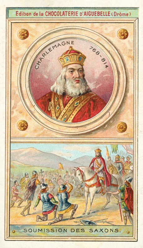 Złożenie Saksonów do Karola Wielkiego, 785 (chromolitho) autorstwa French School