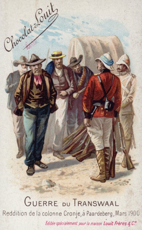Poddanie kolumny Pieta Cronje Brytyjczykom, Paardeberg, marzec 1900 (chromolitho) autorstwa French School