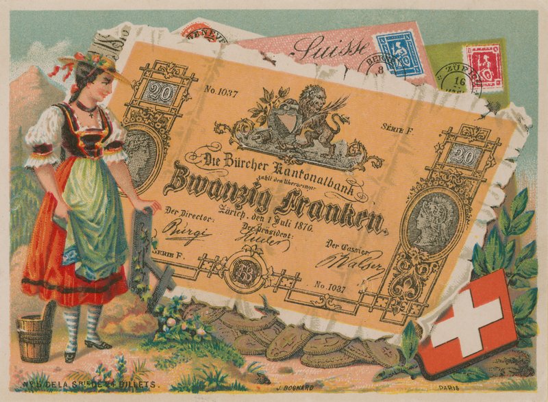 Szwajcarka w tradycyjnym stroju i banknot 20 franków autorstwa French School