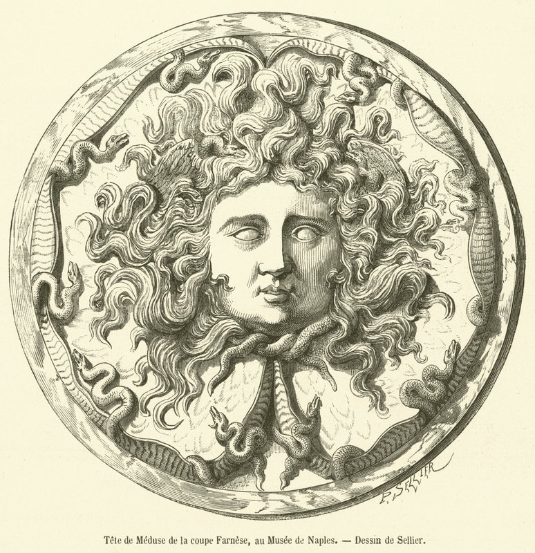 Głowa Meduzy z Pucharu Farnese, w Muzeum Neapolitańskim (grafika) autorstwa French School