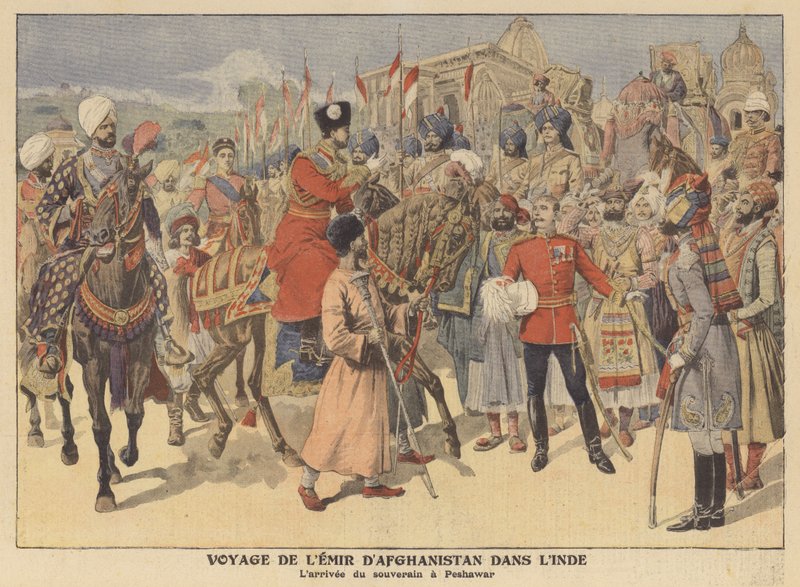 Emir Afganistanu przybywający do Peszawaru z wizytą w Indiach (kolorowa litografia) autorstwa French School