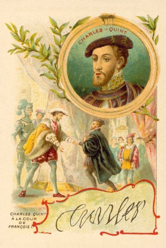 Cesarz Karol V na dworze Franciszka I Francji (chromolitho) autorstwa French School