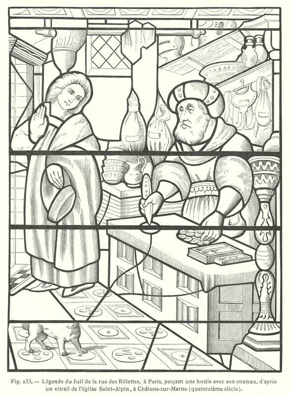 Żyd z Rue des Billettes, Paryż, zbezcześci Hostię przebijając ją nożem, po XIV-wiecznym witrażu w kościele Saint-Alpin, Chalons-sur-Marne, Francja (rycina) autorstwa French School