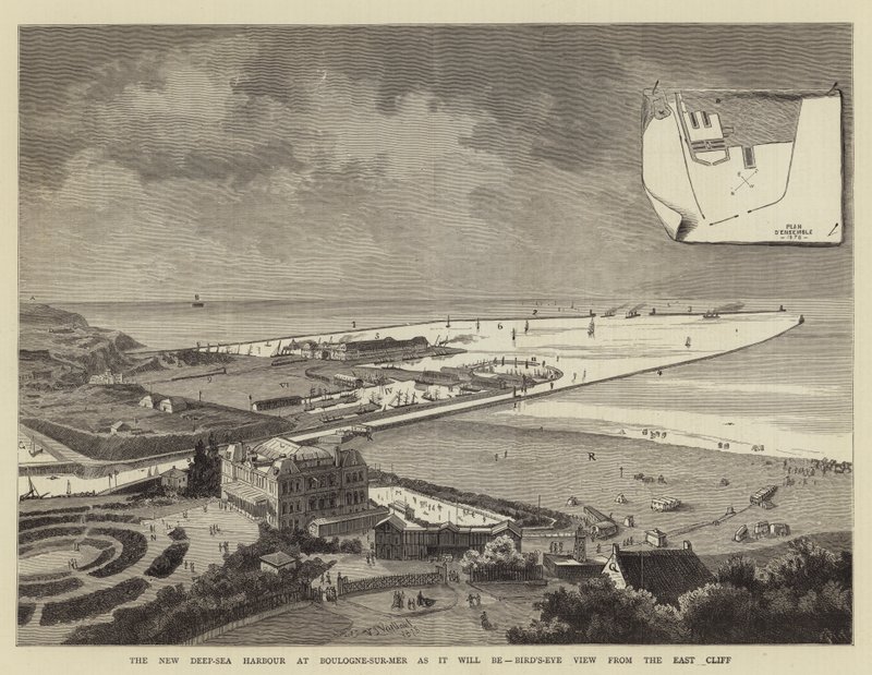 Nowy port głębinowy w Boulogne-sur-Mer bez zmian, widok z lotu ptaka ze wschodniego klifu (rycina) autorstwa French School