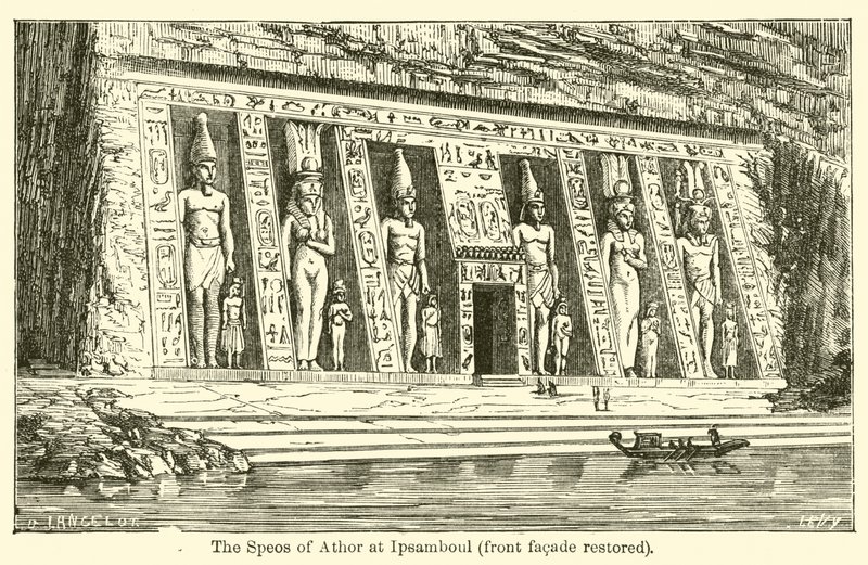 Speos of Athor w Ipsamboul, odrestaurowana fasada frontowa (grawerowanie) autorstwa French School