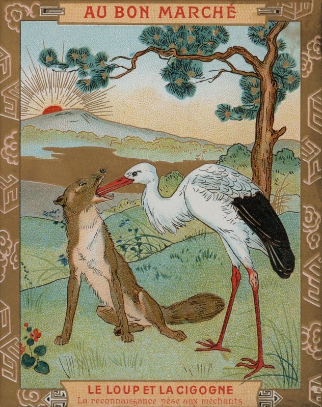 Wilk i Żuraw, jedna z bajek Ezopa (chromolitho) autorstwa French School