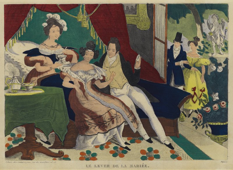 Panna młoda wstająca rano (kolorowa litografia) autorstwa French School