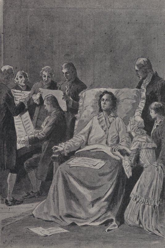 Umierający Wolfgang Amadeusz Mozart przysłuchujący się kolegom wykonującym kantatę Pochwała przyjaźni (rycina) autorstwa French School