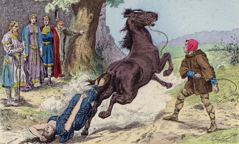 Egzekucja Brunhildy z Austrazji przez Chlotara II, 613 r. (kolorowa litografia) autorstwa French School