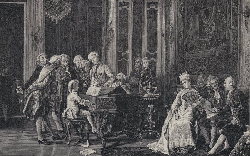 Siedmioletni Wolfgang Amadeusz Mozart grający przed królem Jerzym III w Londynie, 1764 autorstwa French School