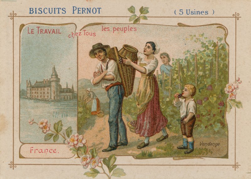 Praca ilustracji ludzi na etykiecie ciastka autorstwa French School