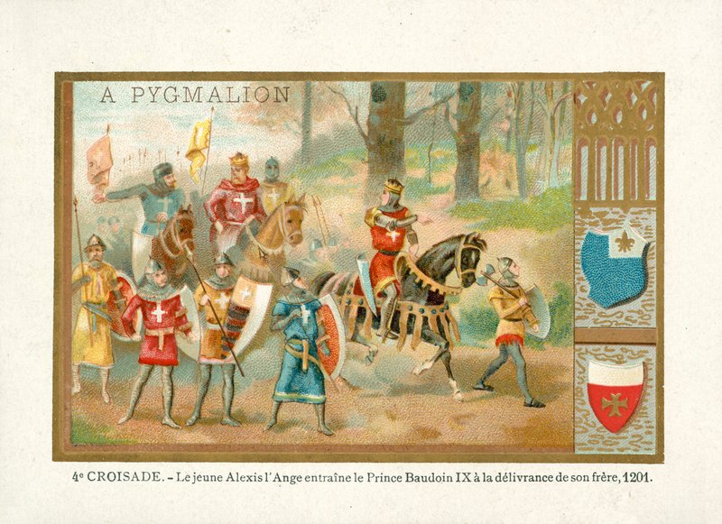 Młody Alexios IV Angelos przyprowadza Baldwina IX, hrabiego Flandrii, by wyzwolił swojego brata, Czwartą Krucjatę autorstwa French School