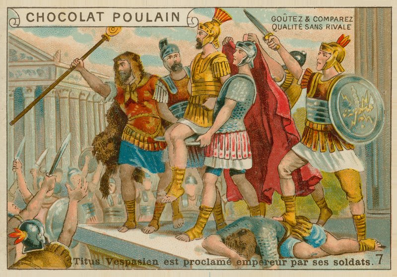 Titus zostaje ogłoszony cesarzem, karta handlowa Chocolat Poulain autorstwa French School