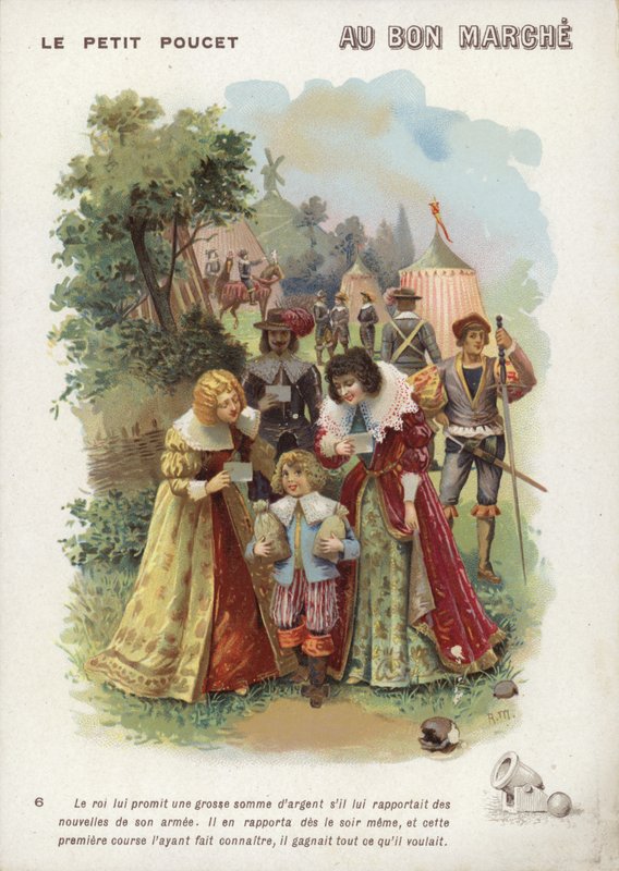 Tom Thumb, chłopiec trzymający worki z pieniędzmi autorstwa French School