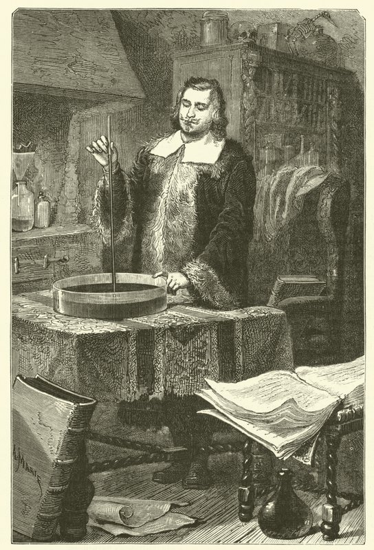 Torricelli wynalazł barometr (grawerunek) autorstwa French School