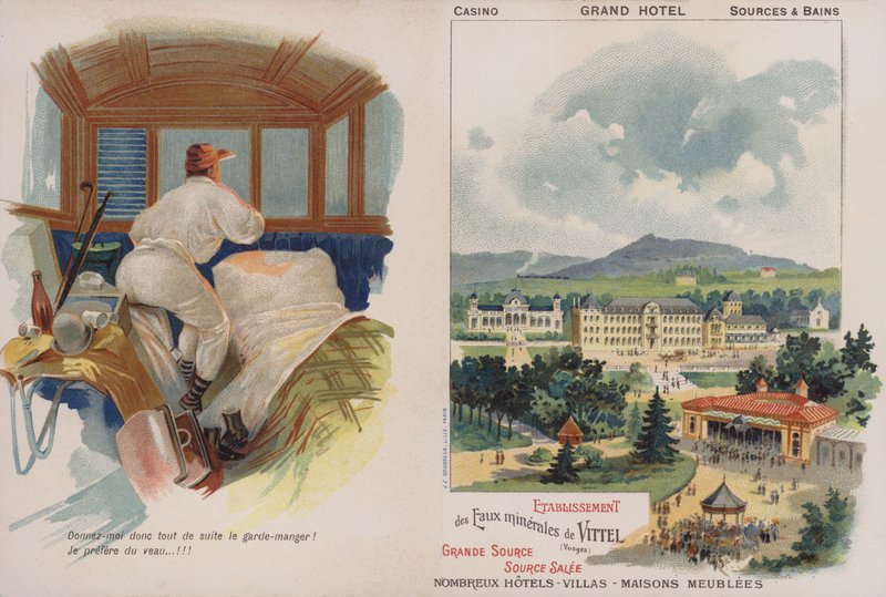 Karta handlowa reklamująca francuskie uzdrowisko Vittel (chromolitho) autorstwa French School