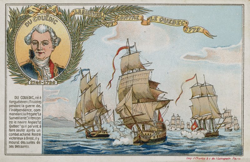 Karta handlu z obrazem przedstawiającym Surveillante przeciwko HMS Quebec autorstwa French School