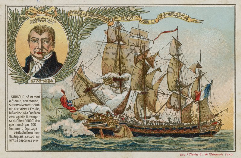 Karta handlowa z obrazem przedstawiającym schwytanie East Indiaman Kent przez Confiance autorstwa French School