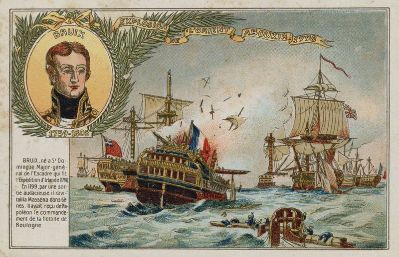 Karta handlu z obrazem przedstawiającym zniszczenie LOrient autorstwa French School