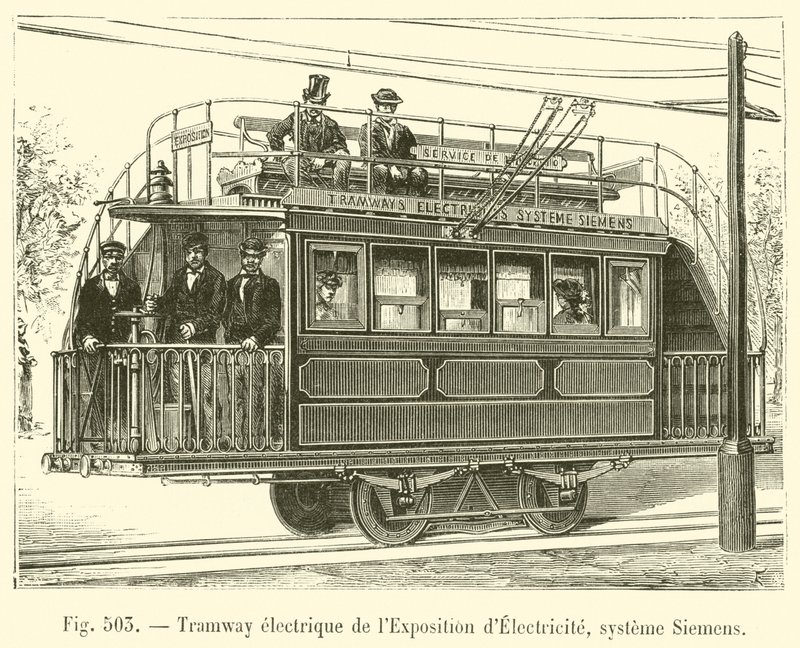 Tramwaj elektryczny Salonu Energii Elektrycznej, system Siemens (grawerowanie) autorstwa French School