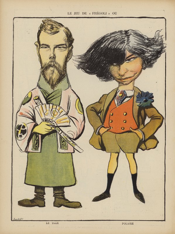 Car Rosji Mikołaj II i francuska aktorka Polaire. Ilustracja do Le Rire (kolor lito) autorstwa French School
