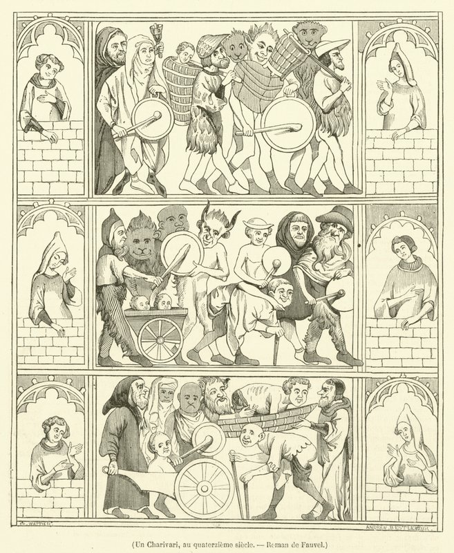 Un Charivari, au quatorzieme siecle, Roman de Fauvel (rycina) autorstwa French School