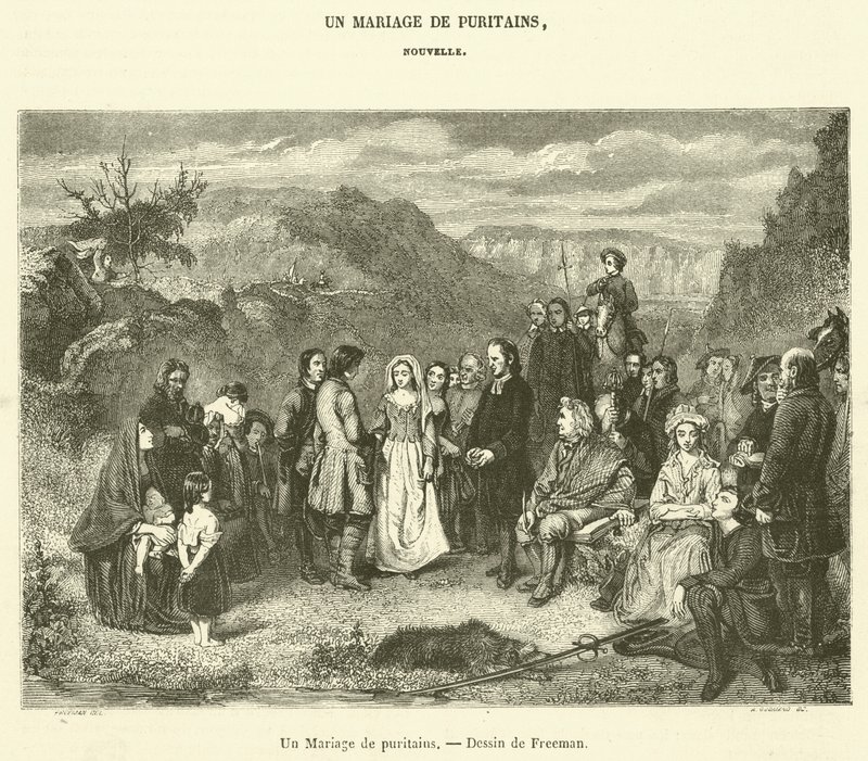 Ślub purytański (rycina) autorstwa French School