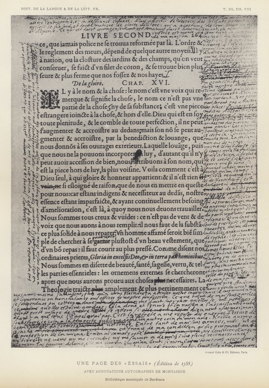 Strona z esejów, wydanie 1588, z adnotacjami autografów autorstwa Montaigne