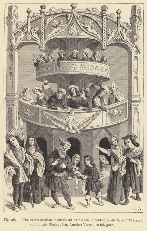 Przedstawienie teatralne w XVI wieku (rycina) autorstwa French School
