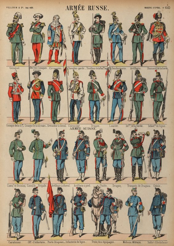 Mundury armii rosyjskiej i szwajcarskiej (kolorowy grawerunek) autorstwa French School