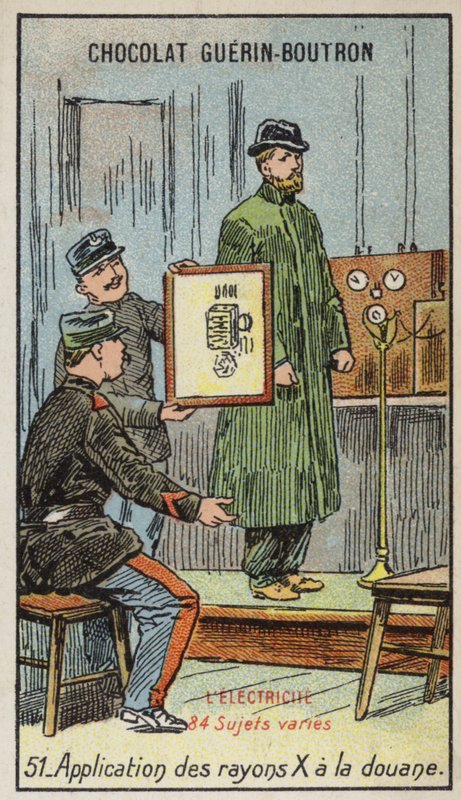 Wykorzystywanie promieni rentgenowskich w urzędzie celnym (chromolitho) autorstwa French School