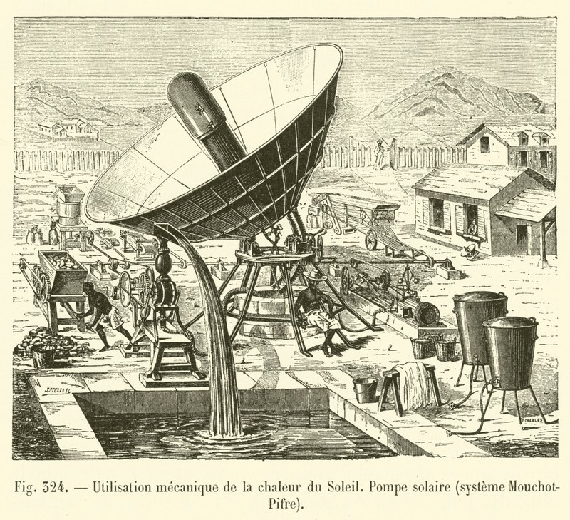 Mechaniczne wykorzystanie ciepła słonecznego, pompy solarnej, systemu Mouchot-Pifre (grawerowanie) autorstwa French School