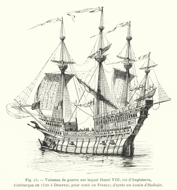 Okręt wojenny, którym Henryk VIII, król Anglii, zaokrętował się w 1520 w Dover, by przybyć do Francji; wg rysunku Holbeina (grafika) autorstwa French School