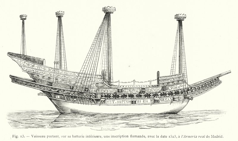 Statek opatrzony na dolnej baterii napisem flamandzkim z datą 1523 w Armeria real de Madrid (rycina) autorstwa French School