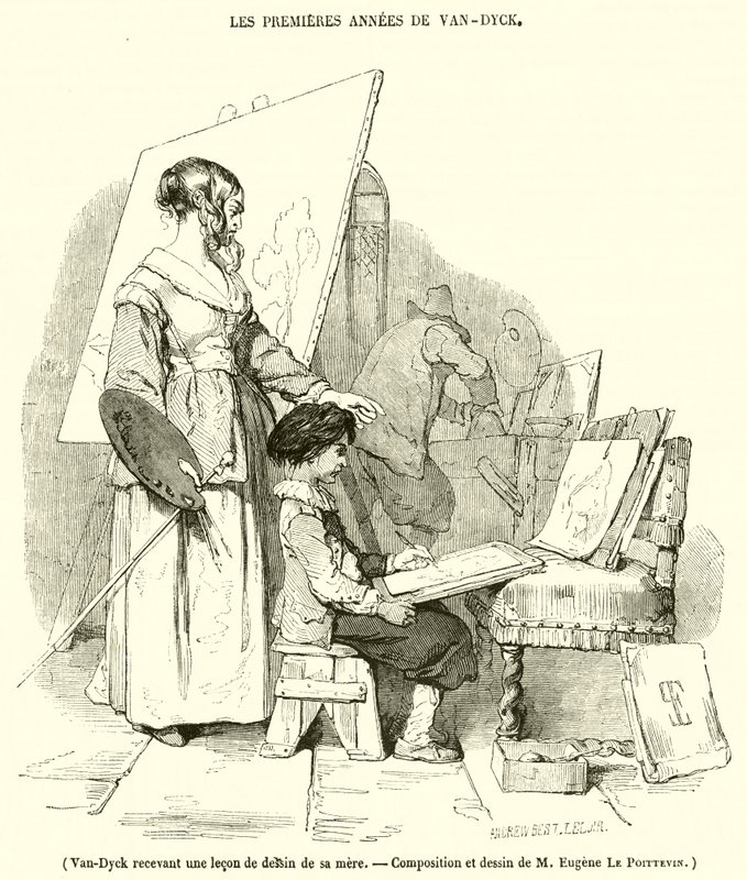Van-Dyck otrzymuje lekcję rysunku od matki (grafika) autorstwa French School