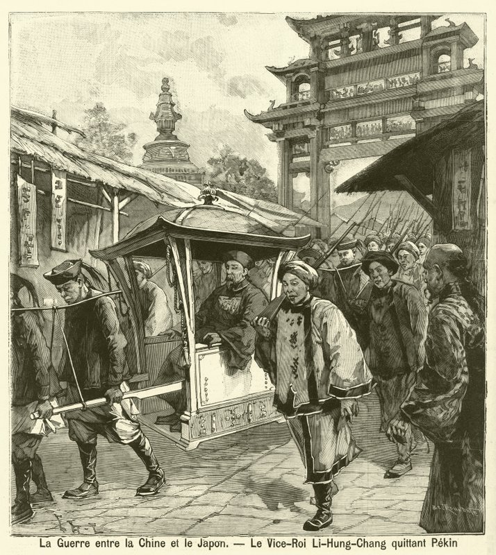 Wicekról Li Hongzhang opuszcza Pekin podczas I wojny chińsko-japońskiej (rycina) autorstwa French School