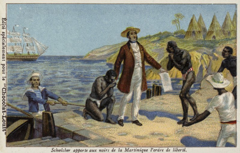Victor Schoelcher niosący wiadomość o ich wolności niewolnikom z Martyniki, ok. 1848 r. autorstwa French School