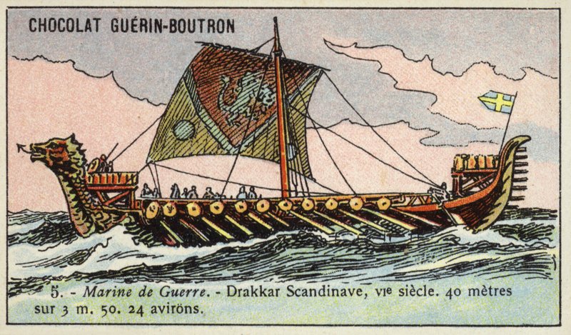 Długi okręt wikingów, VI wiek (chromolitho) autorstwa French School