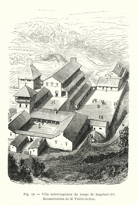 Willa Merowingów z czasów Dagoberta I, Rekonstrukcja M. Viollet-le-Duc (ryt) autorstwa French School
