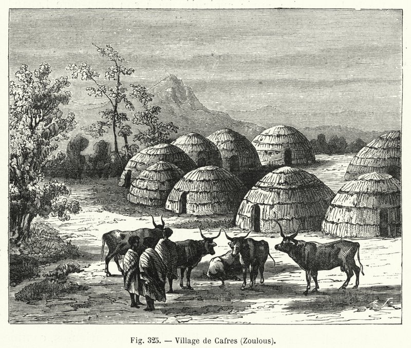 Wioska Cafres, Zulus (rycina) autorstwa French School