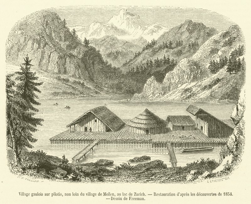 Galijska wieś na palach, niedaleko wsi Meilen, nad Jeziorem Zuryskim (rycina) autorstwa French School